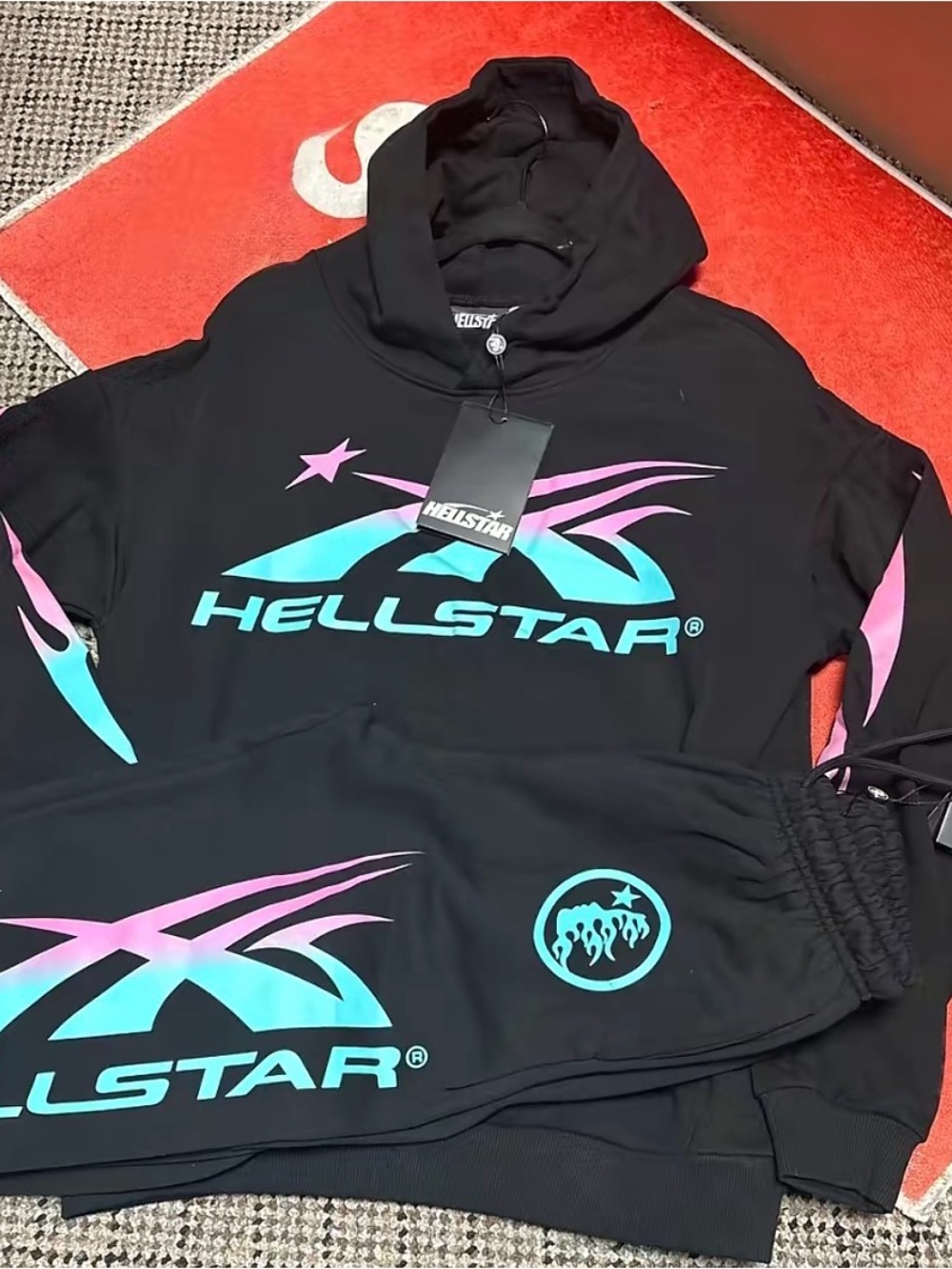 Hellstar Men's Black Hoodie & Sweatpants Set with Teal and Pink Graphics